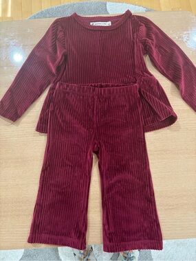 Monica and Andy Cozy Ribbed Velour Kids Bottoms Set - Burgundy